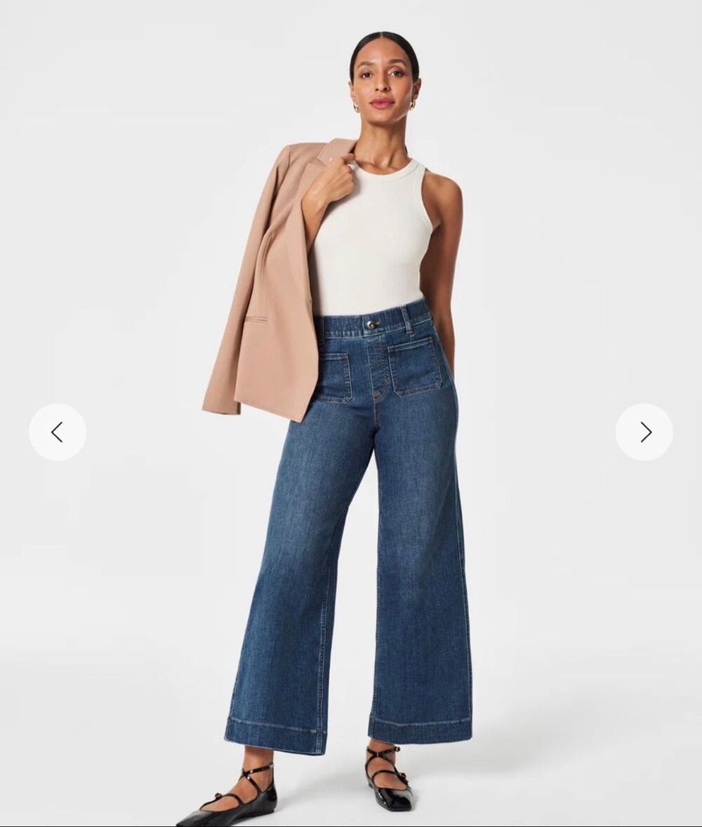 SPANX High Rise Cropped Wide Leg Shaping Jeans Medium Wash Blue Size L